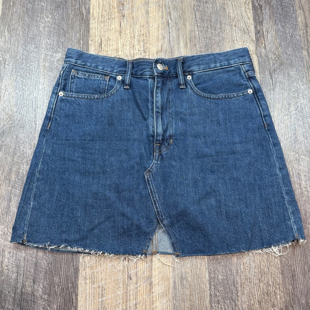 Madewell Rigid Denim A-Line Mini Skirt Womens 29 Blue Frayed Raw Hem Front Slit